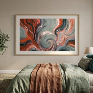 May include: A rectangular wall art piece in a light wood frame featuring an abstract painting with swirling patterns of sage green, deep charcoal, and burnt orange, accented by metallic copper lines that create a central spiral motion.