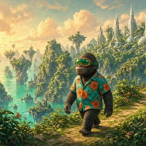 May include: A dark-furred gorilla walking along a stone path, wearing a teal short-sleeved shirt with an orange floral pattern and green-tinted goggles. The background features a lush tropical landscape with floating rock formations, a turquoise river, and white spires in the distance under a warm, golden sky.