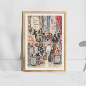 Könnte beinhalten: Ein gerahmter Kunstdruck mit einer detaillierten Illustration verschiedener Musicalfiguren hinter der Bühne. Der Text lautet, Behind Every Great Musical is a Thousand Dreams. Zu sehen sind kostümierte Figuren, ein Hund und Requisiten.