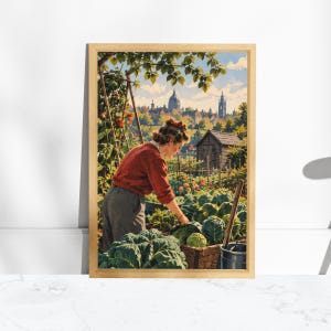 Vintage Allotment Garden Print, Woman Gardening Poster, Cabbage Patch Wall Art, Kitchen Decor