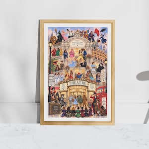 May include: A framed vertical art print depicting a theatre entrance filled with numerous characters from various musical productions. The central marquee displays the word THEATRE, while the text above reads IT'S A BEAUTIFUL DAY FOR A MUSICAL.