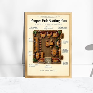 May include: A framed print titled Proper Pub Seating Plan: A Guide to Human Habitats. The poster features a top-down illustration of a pub interior with labels pointing to specific areas like The Bar, The Fireplace, and The Awkward Table.