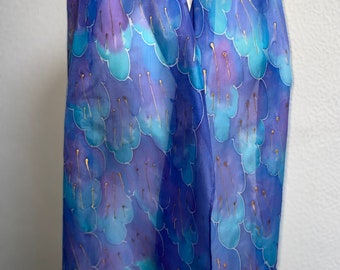 Leaves Design X Long Silk Scarf in Blues & Purple : Hand Painted Silk