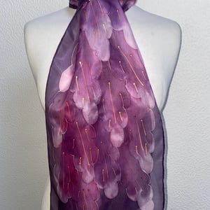 Leaves Design Hand Painted Silk Neck Scarf in Pinks Burgundy
