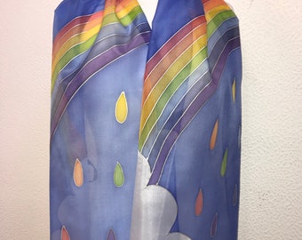 Rainbow Design Long Silk Scarf : Hand Painted Silk