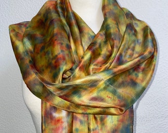 Hand Dyed Long Silk Scarf in Golden Ochre, Red, Tan, Green