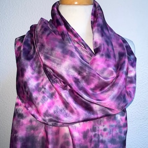 Hand Dyed Long Silk Scarf in Pinks Charcoal Grey
