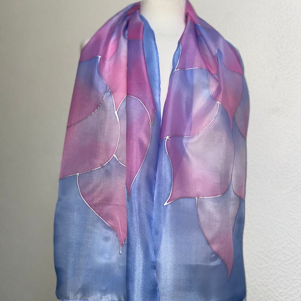 Flames Design Long Scarf in opal shades of pink, lilac and pale blue Hand Painted Silk by Designer Silk