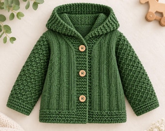 May include: A forest green hooded cardigan featuring a textured knit pattern on the sleeves and hood, with vertical cable knit detailing on the front panels. The garment is fastened with three light brown wooden buttons down the centre front.