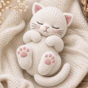 May include: A cream-coloured knitted cat plush toy with closed eyes, a small pink nose, and pink blush on its cheeks. The cat features pink paw pads on its feet, a curved tail, and is positioned in a curled-up, sleeping posture with its front paws tucked near its face.