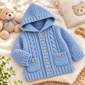 May include: A light blue knitted hooded cardigan featuring a textured stitch pattern, vertical cable knit details, and five wooden buttons down the front. The garment includes two front pockets, ribbed cuffs, and a ribbed hem, providing a structured look.