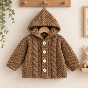 May include: A brown knitted hooded cardigan featuring a textured seed stitch pattern on the body and sleeves, accented by two vertical cable knit panels along the front. The garment includes a pointed hood and four large, round, white buttons.