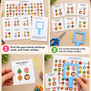 May include: A printable Forest Find & Match game set featuring a large board with colorful nature icons, challenge cards, and a blue paper finder window. The instructions show steps to print, cut, and use the window to locate matching images.