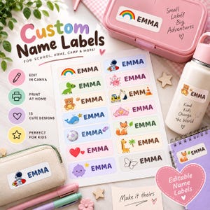 May include: A sheet of rectangular custom name labels featuring the name EMMA alongside various colourful illustrations including a rainbow, dinosaur, bear, whale, soccer ball, heart, astronaut, flowers, construction vehicle, crown, fox, giraffe, and butterfly.