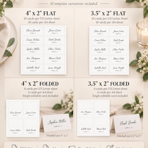 Puede incluir: Un paquete de plantillas de tarjetas de lugar imprimibles con 10 variaciones. Incluye diseños de tarjetas planas y plegadas de 10 cm x 5 cm y 9 cm x 5 cm con nombres de ejemplo como Olivia Bennett. Compatible con tamaños de papel US Letter y A4.