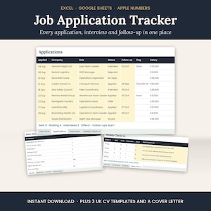 May include: A digital job application tracker spreadsheet for Excel, Google Sheets, and Apple Numbers. The interface displays columns for company, role, status, and salary, with tabs for applications, interviews, and weekly check-ins.