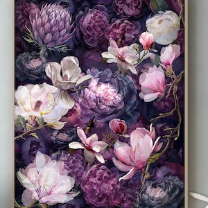 Pittura floreale scura, stampa di fiori vittoriani, stampa ad acquerello di peonia, decorazione della parete di fiori di magnolia, arte botanica nera, Cottagecore scuro