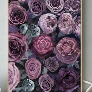 Pintura vitoriana, aquarela de buquê, pôster de colagem de lavanda, impressão artística de peônias e rosas, 9x12, 10x13 decoração de flores temperamentais, arte floral escura