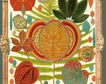Può includere: Una stampa botanica incorniciata che presenta una varietà di foglie, fiori e frutti in tonalità di rosso, arancio, giallo, verde e blu. La stampa è su sfondo bianco e ha una cornice dorata.