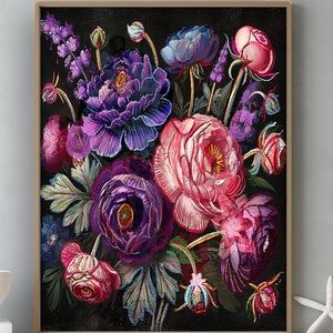 Pôster de flores retrô rosa e roxa, estampa floral temperamental, cottagecore escuro, arte de buquê, arte botânica escura, linda pintura de flor de peônia