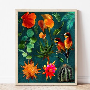 Cores vibrantes 8x10 arte de buquê botânico, arte de parede floral e de pássaros de cores brilhantes, impressões de arte de parede azul-petróleo maximalista para emoldurar, impressão de cacto