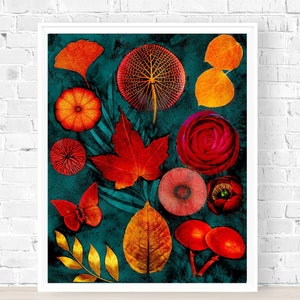 Botanische Malerei Orange und Türkis, Schmetterlingsgarten, Ahornblatt, Wiese, Pilz Kunstdruck, Surreale Neon-Collage