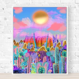 Prickly Pear Cactus Art Print, Rainbow Cactus Art, Desert Landscape Print, Desert Sunset Painting, Surreal Desert, Preppy Room Decor, Groovy