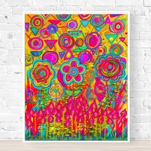 Impression d'art fleurs abstraites lumineuses, floral coloré, art mural vibrant, art géométrique 8 x 10, peinture rose vif et feuille d'or, décoration maximaliste