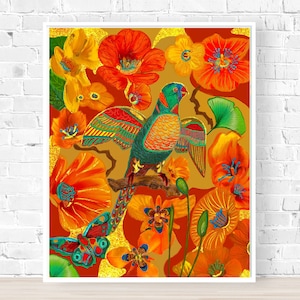 Peinture florale et oiseau capucine feuille d'or, impressions d'art perroquet, art floral aux couleurs vives, affiche colorée de fleurs sauvages, art mural vibrant