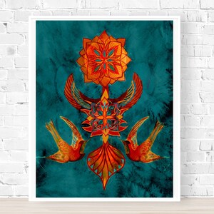 May include: A teal blue background with a symmetrical design featuring two orange birds with outstretched wings, a central orange geometric shape, and a red and orange geometric design at the bottom.