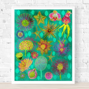 Vibrant Colours Modern Botanical Art Print, Bright Coloured Abstract Floral Collage, Happy Wall Art, Neon Poster, 9x12 Hand Drawn Flowers