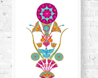 Minimalist Floral Print, Abstract Flower Poster, Meditation Altar, Flower Mandala, Zen Decor, Hot Pink Art, Geometric Shapes, Postmodern Art
