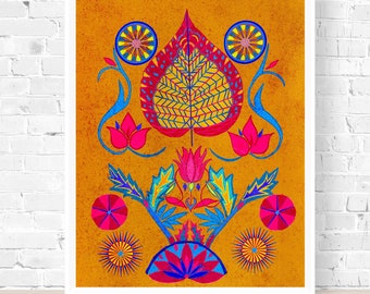 Moderne Volkskunst Trifft Psychedelische Kunst Druck, Gold Mandala Wandkunst, Eklektische Kunst für Wohnkultur, Abstrakte Blätter Malerei, Blattgold Poster