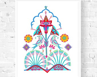 Abstract Botanical Floral Bouquet Art Print, Zen Minimalist Flower Wall Art, Modern Folk Art Flowers, Sacred Geometry Art, Hummingbird Print