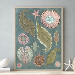 Blue Lotus Modern Botanical Art Print, Colourful Pastel Colors Abstract Leaf Painting, Blush Pink Lotus Leaves Wall Decor, Above Bed Decor