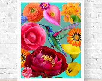 Lebendige Farben Einzigartiger botanischer Blumenstrauß-Kunstdruck, farbenfrohe Blumen- und Vogelwandkunst, Maximalist 8 x 10 Wandkunstdruck zum Einrahmen