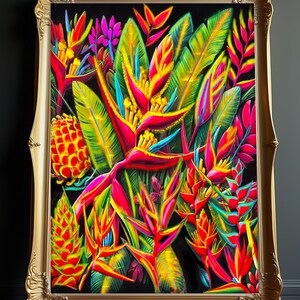 Può includere: Una stampa incorniciata di un vibrante arrangiamento floreale tropicale con tonalità rosse, gialle e verdi. I fiori sono rappresentati in uno stile realistico con dettagli intricati. Lo sfondo è nero scuro.