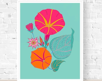 Modern Botanical Art Print, Pop of Color, Abstract Floral, Whimsical Art, Bright Posters, Zen Garden, Aqua Wall Decor, Hot Pink Wall Art