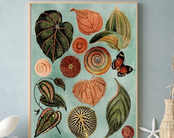 Terrakotta und blaue Waldblätter Malerei, Monarchfalter Erdton Dekor, Blattcollage Kunstdruck, strukturiertes Bild, botanisches Poster