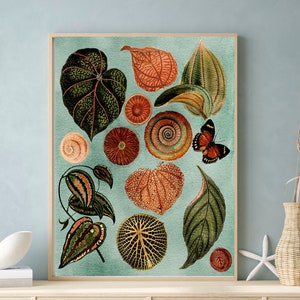Terracotta & Blue Forest Leaves Painting, Monarch Butterfly Earth Tone Decor, Leaf Collage Art Print, Textured Painting Botanical Poster