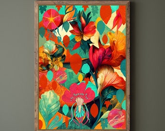 Blaugrün und Orange leuchtende Farben Abstraktes modernes botanisches Poster, lebendige Wandkunst zum Einrahmen, einzigartige Blumenmalerei, maximales Dekor
