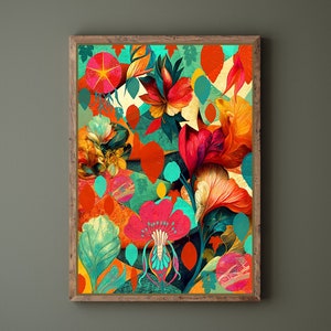 Teal and Orange Bright Colors Abstract Modern Botanical Poster Print, Vibrant Wall Art for Framing, Unique Floral Painting, Maximalist Decor