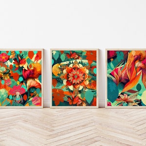 Ensemble de 3 affiches botaniques abstraites psychédéliques et milieu du siècle, lot de 3 oeuvres d'art florales vives pour l'encadrement, lot de 3 peintures nature cool
