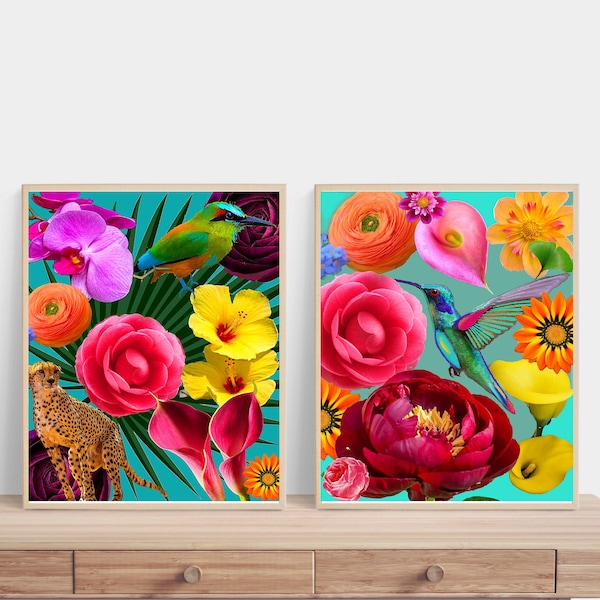 Surreal Teal Tropical 2 Piece Flowers Art Prints, Bright Colors Botanical Painting Gallery Wall Art, 2 Set Vibrant Bird Art, Neon Floral Art
