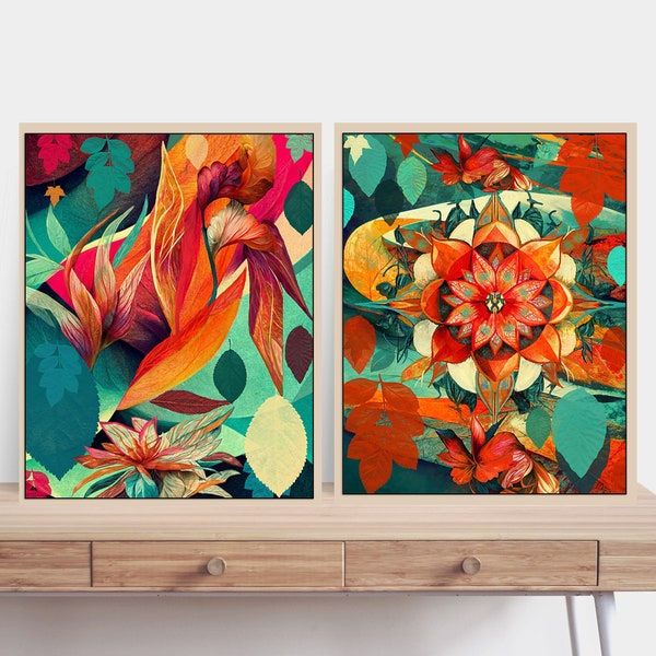 Mid Century Modern Set of 2 Posters, Abstract Nature Art 2 Piece Set, 9x12 Unique Colorful Leaves & Flowers Prints, Teal 8x10 Cool Paintings