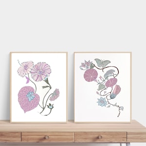 Morning Glories 2 piece Wall Art, Pastel Flowers Prints Set of 2, Lavender Art,  Wildflower Prints, Butterfly Botanical, Whimsical Paintings