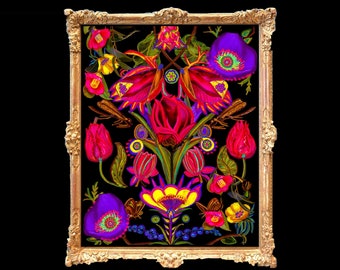 Hot Pink Maximalist, Botanical Prints Black Background, Rococo, Goth Room Decor, Luxury Floral Art, Dark Flower Print, Dark Cottagecore Art