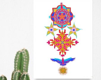 Vibrant Geometric Mandala Art Print, Phoenix Spiritual Art, Abstract Botanical Zen Painting, Minimalist Floral Art, Inspiring Mindful Art