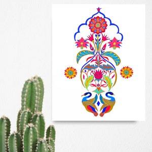 Art Deco Original Painting, Flower of Life Wall Art, Swan Artwork, Meditation Room, Folk Art Prints, Zen Poster, Retro Shapes, Geometric Art