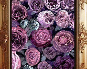 Purple Rose Floral Instant Download, Lilac Bouquet Printable, Ranunculus Print, Digital Peony Art, Moody Flower Art, Dark Floral Botanical